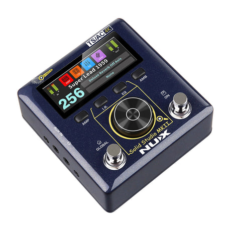 NU-X NSS-6 Solid Studio mkII amp and cab emulation pedal in dark blue with colour display, data dial, AMP, I.R., EQ, AMB buttons and two footswitches.