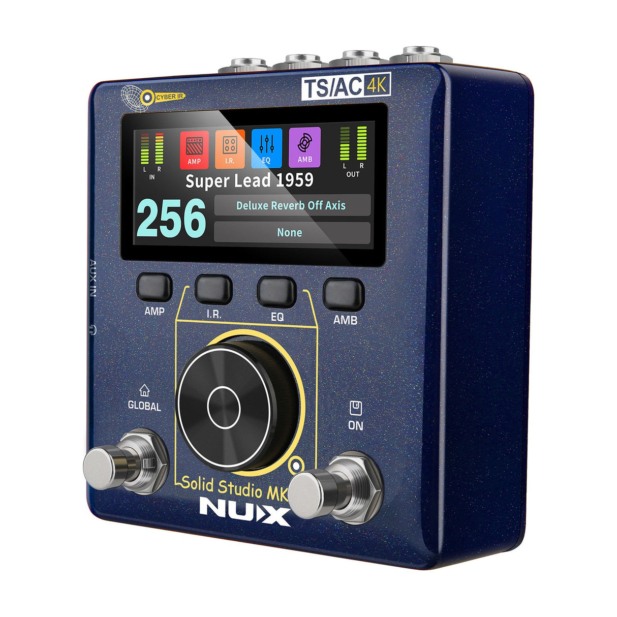 NU-X NSS-6 Solid Studio mkII amp and cab emulation pedal in blue with colour display, data dial, two footswitches and AMP, I.R., EQ, AMB buttons.