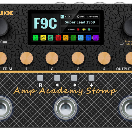 NU-X Amp Academy Stomp amp modeller pedal by AVSL, black casing with colour LCD showing F9C Super Lead 1959 preset, rotary controls and four footswitches.