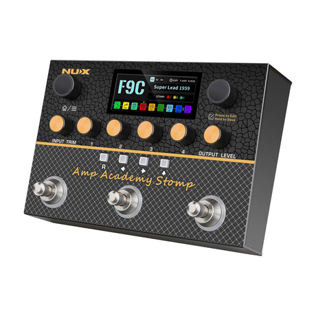 NU-X Amp Academy Stomp amp modeller pedal with colour LCD, six orange knobs, two data dials, four selector buttons and three metal footswitches.