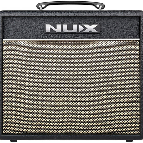 NU-X Mighty 20 mkII 20W modelling guitar amp with black vinyl cabinet, cream and black woven speaker grille, top carry handle and front NUX badge.