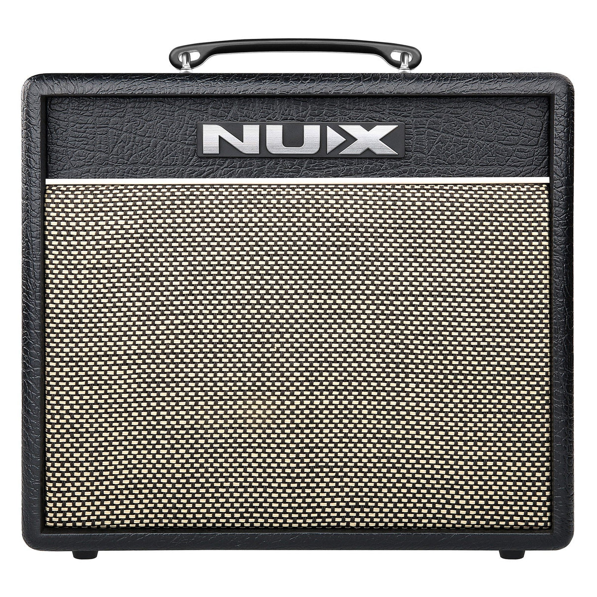 The NU-X Mighty 20BT Mkii Guitar Amplifier, in a black and silver finish with a textured surface, prominently features the brand name NUX on its upper section. It includes amp modelling capabilities and has a woven mesh grill on the front, along with a convenient carrying handle on top.