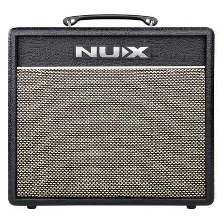 The NU-X Mighty 20BT Mkii Guitar Amplifier, in a black and silver finish with a textured surface, prominently features the brand name NUX on its upper section. It includes amp modelling capabilities and has a woven mesh grill on the front, along with a convenient carrying handle on top.