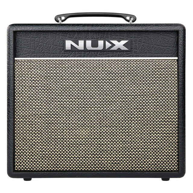 The NU-X Mighty 20BT Mkii Guitar Amplifier, in a black and silver finish with a textured surface, prominently features the brand name NUX on its upper section. It includes amp modelling capabilities and has a woven mesh grill on the front, along with a convenient carrying handle on top.