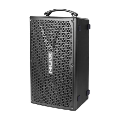 NU-X NBA-200FR 200W FRFR busking speaker in black with mesh grille, top carry handle and side rubber feet, shown on a plain white background.