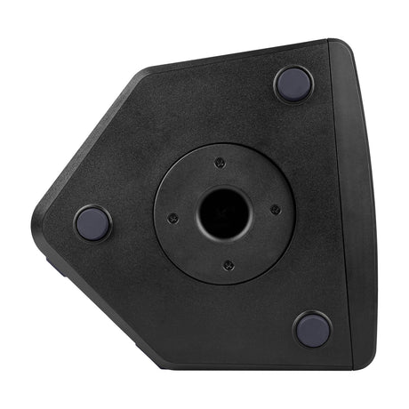 Side view of the NU-X NBA-200FR 200W FRFR busking speaker by AVSL, showing the angled black ABS cabinet with pole-mount socket and rubber feet.
