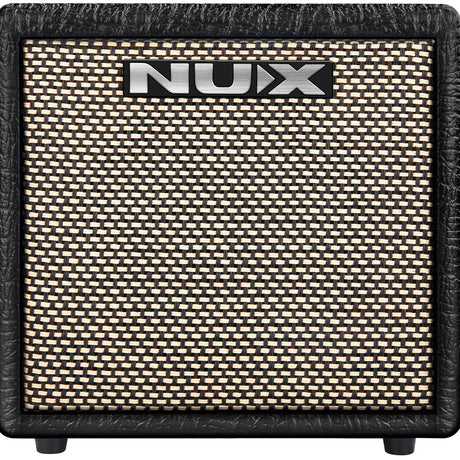 NU-X Mighty 8BT mkII Bluetooth guitar amp with black textured vinyl casing and cream woven grille cloth, front view showing central NU-X badge.