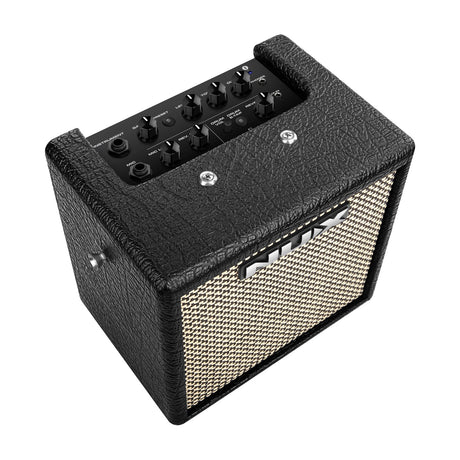 NU-X Mighty 8BT mkII Bluetooth guitar amp shown from above, black textured casing with cream grille, top-mounted control knobs, mic and instrument inputs.
