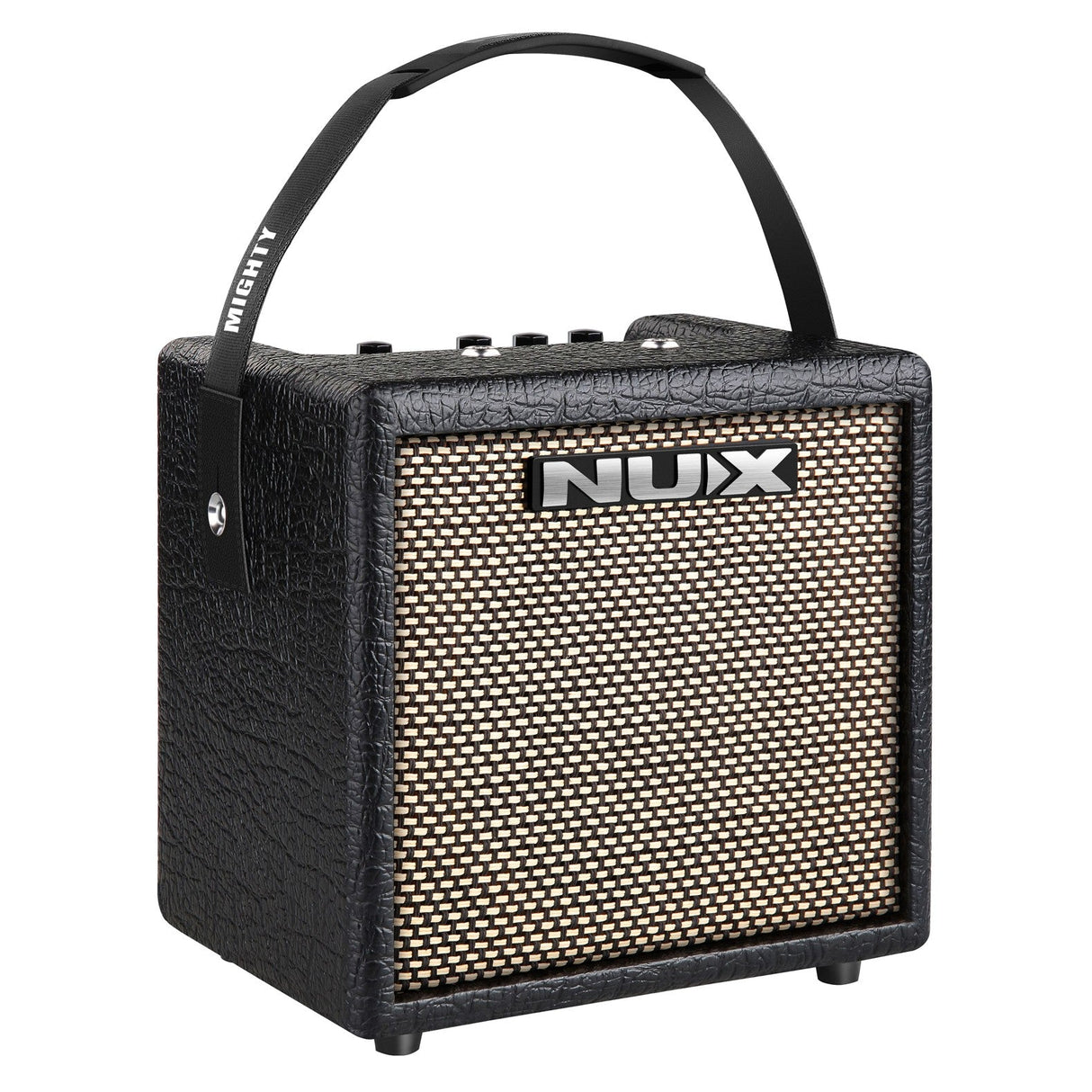 The NU-X Mighty 8BT Guitar Amp is a black portable amplifier that includes a textured finish and a compact handle on top. The front panel boasts a speaker grille prominently featuring the brand name, and it allows for portable use with multiple control knobs on the top for various adjustments.