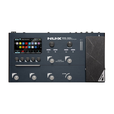 NU-X MG-50li guitar multi-FX modeler and profiler pedal with colour LCD, control knobs, footswitches and expression pedal on a white background.