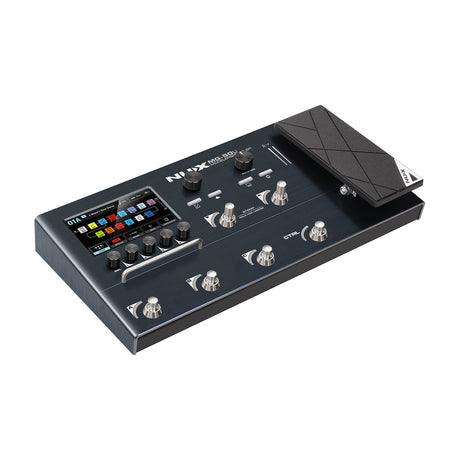 NU-X MG-50li guitar multi-FX modeler and profiler pedal with colour LCD screen, control knobs, six footswitches and expression pedal on white.