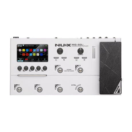 NU-X MG-50li white guitar multi-FX modeller and profiler with colour LCD screen, control knobs, footswitches and expression pedal, shown on a plain background.