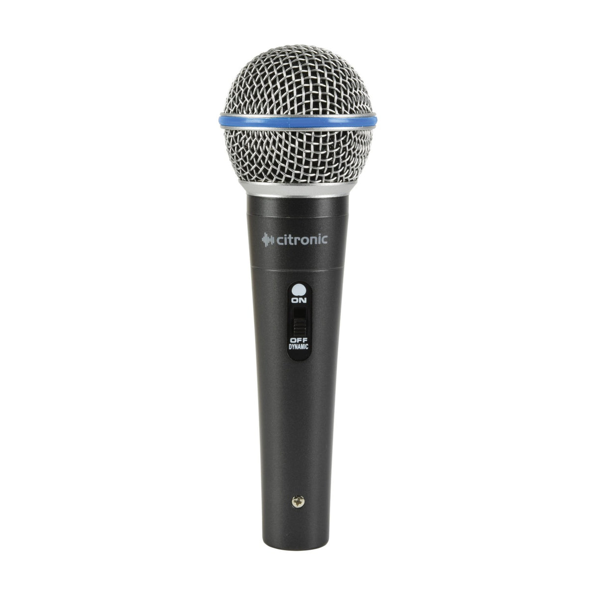 Citronic DM15 dynamic handheld vocal microphone with mesh grille, blue trim ring, black metal body and on/off slide switch on a white background.