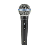 Citronic DM15 dynamic handheld vocal microphone with mesh grille, blue trim ring, black metal body and on/off slide switch on a white background.