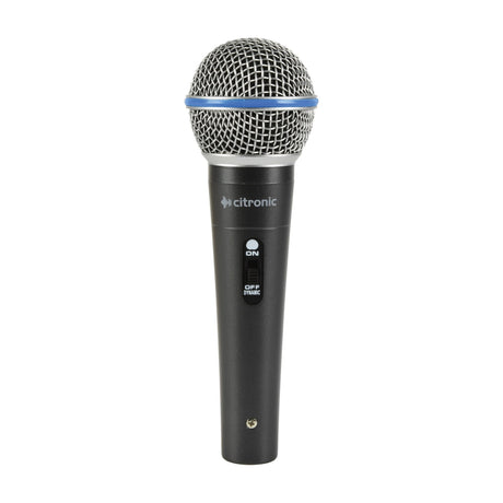 Citronic DM15 dynamic handheld vocal microphone with mesh grille, blue trim ring, black metal body and on/off slide switch on a white background.