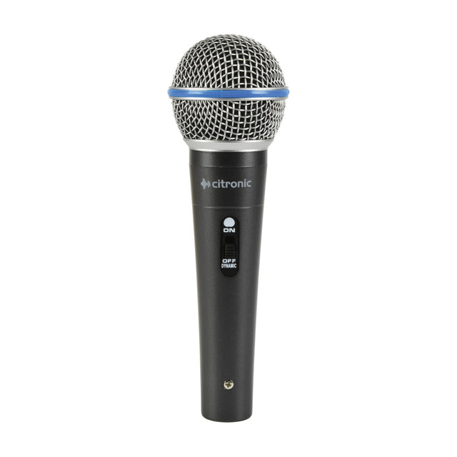 Citronic DM15 dynamic handheld vocal microphone with mesh grille, blue trim ring, black metal body and on/off slide switch on a white background.