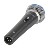Citronic DM15 dynamic handheld vocal microphone with silver mesh grille, blue trim, on/off slide switch, and XLR connector on a white background.