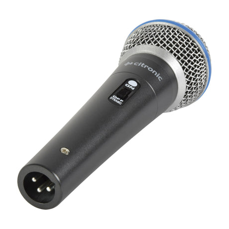 Citronic DM15 dynamic handheld vocal microphone with silver mesh grille, blue trim, on/off slide switch, and XLR connector on a white background.