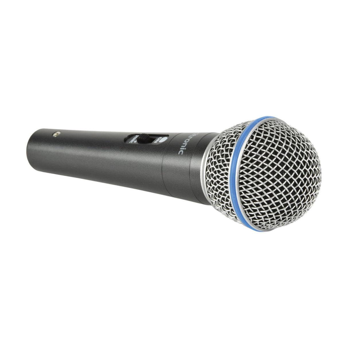 Citronic DM15 dynamic handheld vocal microphone with dark grey metal body, on/off slide switch, and silver mesh grille with blue trim ring.
