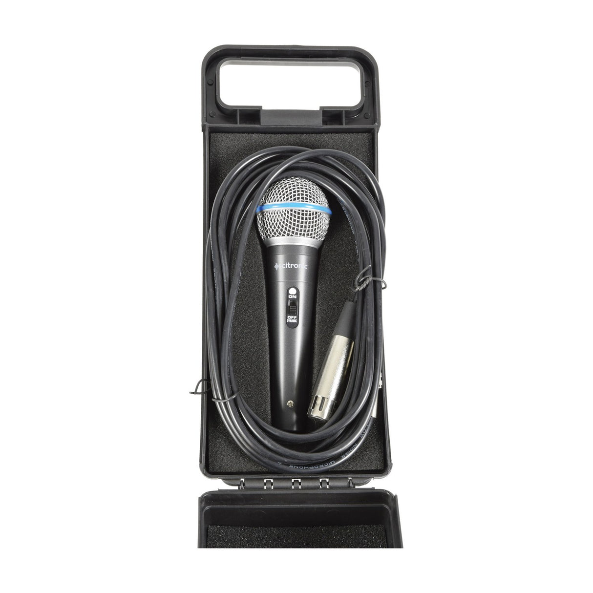 Citronic DM15 dynamic handheld vocal microphone with on/off switch and XLR to jack cable coiled inside an open black ABS carry case.