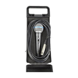 Citronic DM15 dynamic handheld vocal microphone with on/off switch and XLR to jack cable coiled inside an open black ABS carry case.