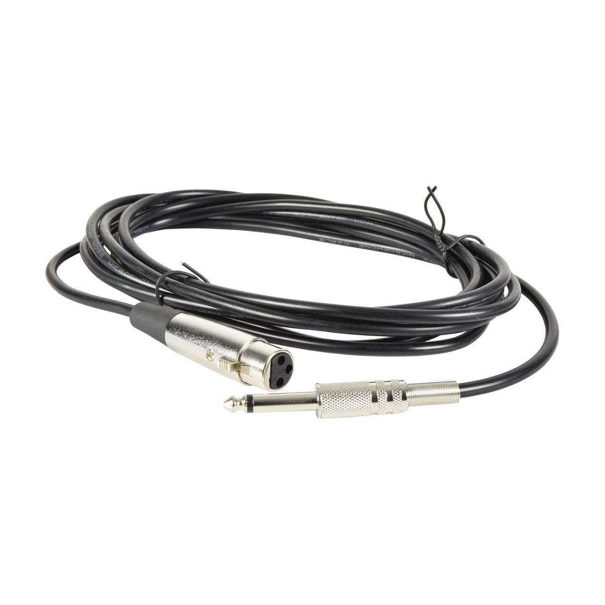 Citronic DM15 coiled black microphone cable with silver XLR female connector and 6.35mm mono jack plug on a white background.