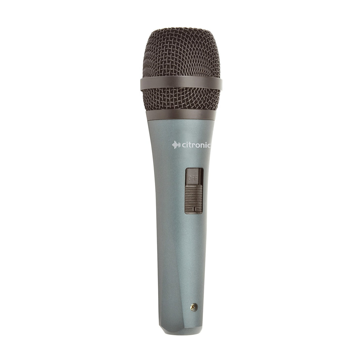 Citronic DM18 handheld dynamic vocal microphone with mesh grille, grey-blue cast metal body and On/Off slide switch, shown on a plain background.