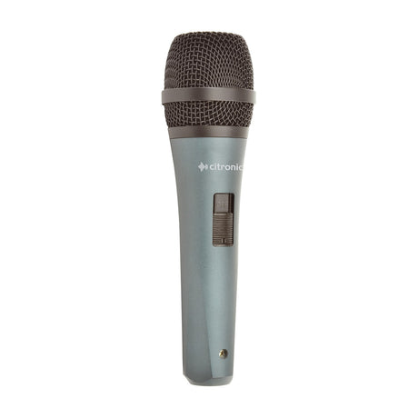 Citronic DM18 handheld dynamic vocal microphone with mesh grille, grey-blue cast metal body and On/Off slide switch, shown on a plain background.