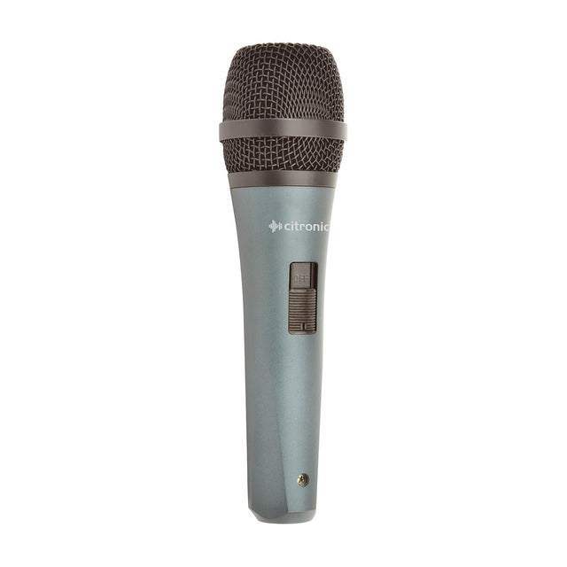 Citronic DM18 handheld dynamic vocal microphone with mesh grille, grey-blue cast metal body and On/Off slide switch, shown on a plain background.
