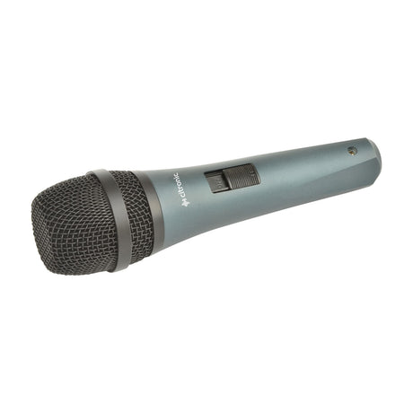 Citronic DM18 handheld dynamic vocal microphone in grey-blue finish with mesh grille and on/off slide switch, shown on a plain white background.