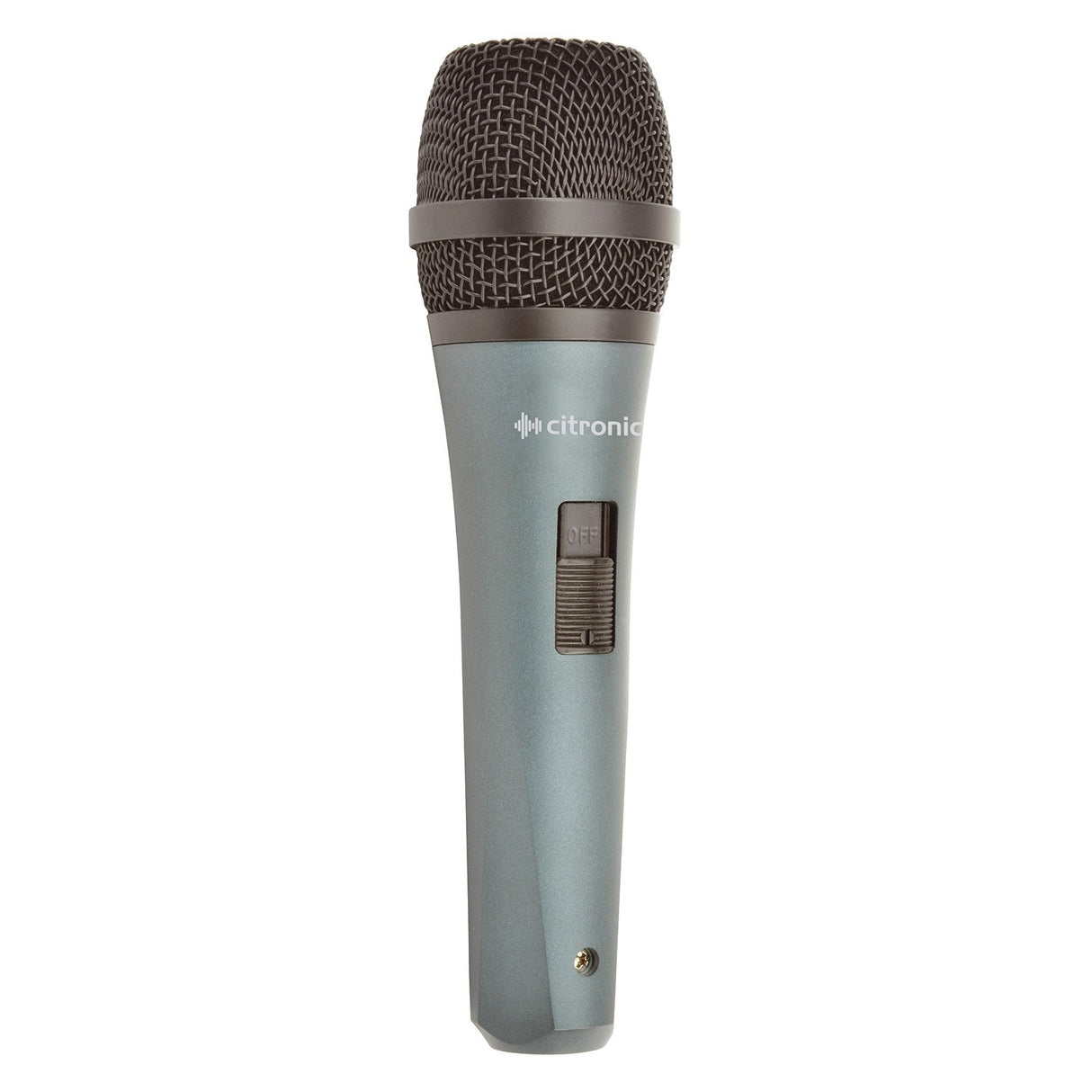 The Citronic DM18 Vocalist Microphone is a dynamic silver handheld microphone, featuring a black mesh grille and a switch on the handle, with the brand name printed near the top to ensure quality sound performance for every use.