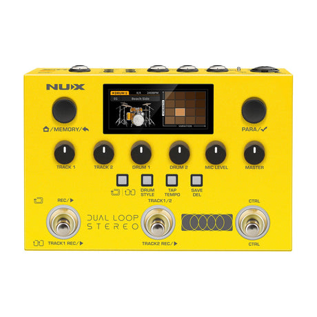 NU-X NML-3DLS Dual Loop Stereo Looper Pedal in yellow with colour LCD, six control knobs, four function buttons and three footswitches.
