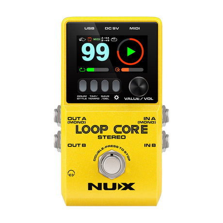 NU-X Loop Core Stereo looper pedal in yellow with colour LCD screen, four control buttons, value knob, footswitch, and 6.35mm stereo in/out jacks.