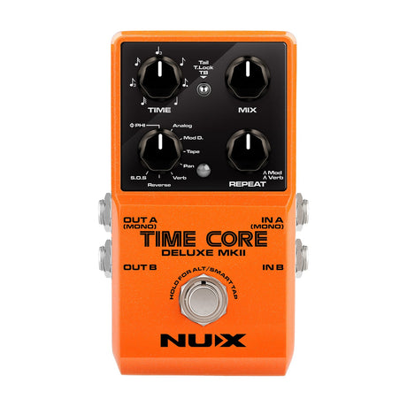 NU-X Time Core Deluxe mkII digital delay pedal in orange with four black control knobs for Time, Mix, delay type and Repeat, on a white background.