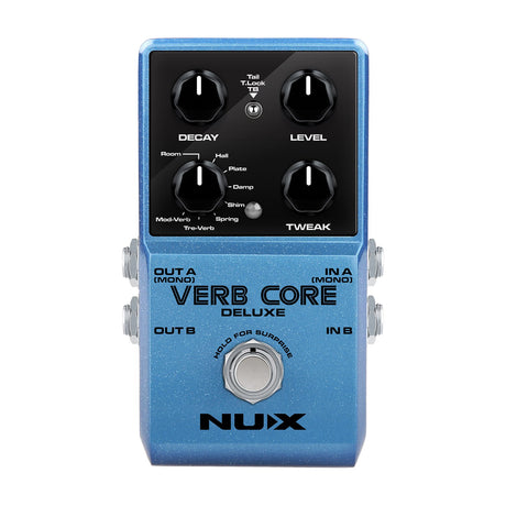 NU-X Verb Core Deluxe stereo reverb pedal in sparkle blue with Decay, Level, Tweak and reverb type knobs, footswitch and 6.35mm jacks.