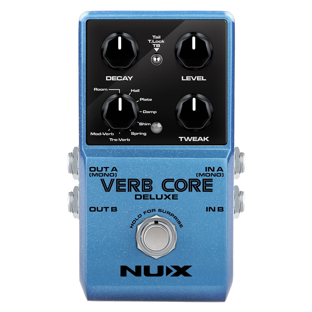 Close-up of a blue stomp box labeled NU-X Verb Core Deluxe Pedal. This reverb effects marvel features knobs for Decay, Level, and Tweak, with settings like Room, Hall, and Plate. Designed to fit seamlessly on your pedal board, it has input and output jacks on both sides.
