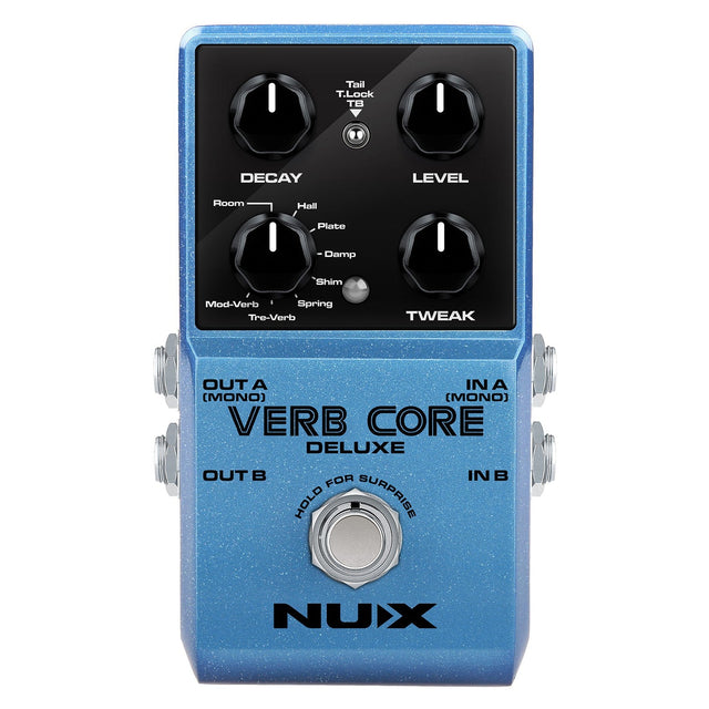 Close-up of a blue stomp box labeled NU-X Verb Core Deluxe Pedal. This reverb effects marvel features knobs for Decay, Level, and Tweak, with settings like Room, Hall, and Plate. Designed to fit seamlessly on your pedal board, it has input and output jacks on both sides.
