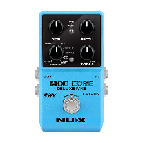 NU-X Mod Core Deluxe mkII Modulation Pedal in blue with Rate, Depth, Tweak and mode knobs, Smart Tap footswitch and 6.35mm jacks on a white background.