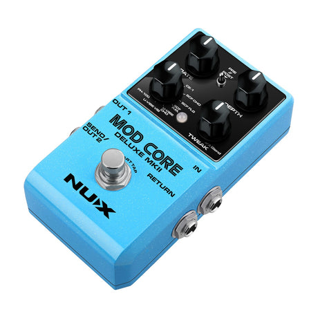 NU-X Mod Core Deluxe mkII modulation guitar pedal in sparkle blue with four black control knobs, pre/post toggle switch and 6.35mm jack sockets.
