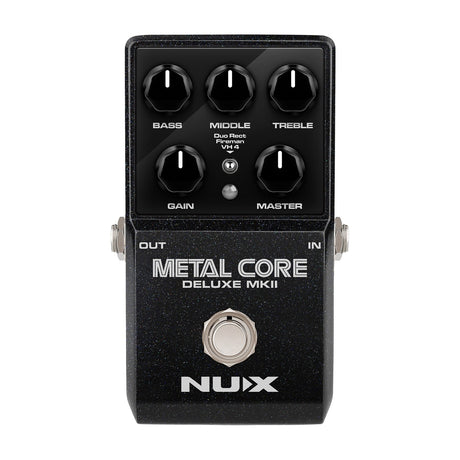 NU-X Metal Core Deluxe mkII high-gain distortion pedal in black sparkle finish with Bass, Middle, Treble, Gain, Master knobs and model switch.