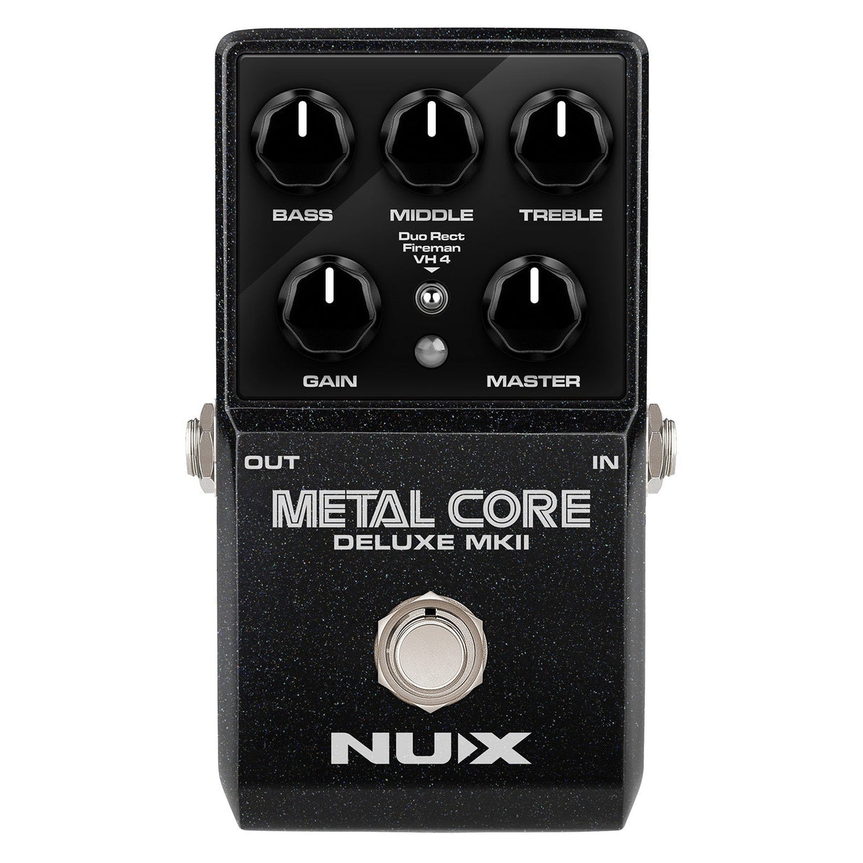 The NU-X Metal Core Deluxe MKII Pedal boasts a stylish black casing complemented by silver knobs for adjusting Bass, Middle, Treble, Gain, and Master. Perfectly suited for powerful performances, it incorporates IR cabinet simulation and comes equipped with input/output jacks within a compact design optimized for high-gain amplifier models.