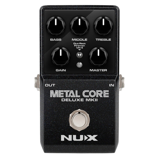 The NU-X Metal Core Deluxe MKII Pedal boasts a stylish black casing complemented by silver knobs for adjusting Bass, Middle, Treble, Gain, and Master. Perfectly suited for powerful performances, it incorporates IR cabinet simulation and comes equipped with input/output jacks within a compact design optimized for high-gain amplifier models.