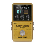 NU-X NCA-1 Amp Core Studio pedal in gold finish with colour display showing 60s Bouti Amp preset, three rotary controls, and footswitch.