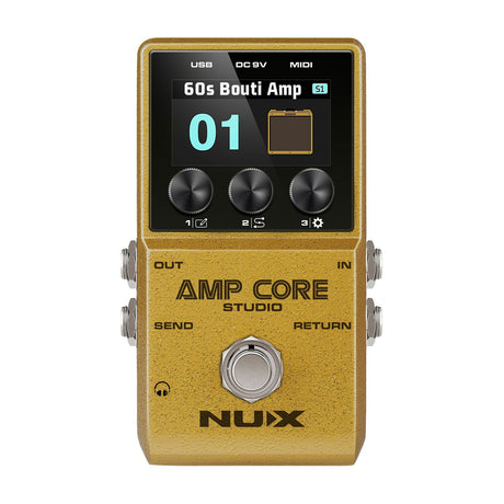 NU-X NCA-1 Amp Core Studio pedal in gold finish with colour display showing 60s Bouti Amp preset, three rotary controls, and footswitch.