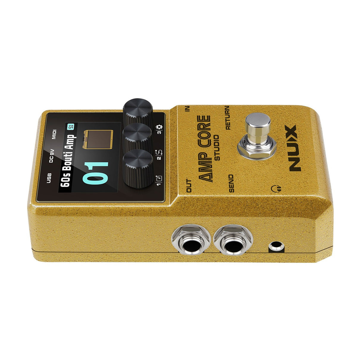 NU-X NCA-1 Amp Core Studio pedal in gold finish, side view showing colour display, three rotary knobs, footswitch, 6.35mm jacks and 3.5mm port.