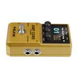 NU-X NCA-1 Amp Core Studio amp sim pedal in gold finish, side view showing footswitch, three rotary controls, colour display and 6.3mm jack inputs.