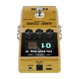 NU-X NCA-1 Amp Core Studio guitar pedal in gold finish, showing three rotary knobs, colour display, footswitch, and rear MIDI, DC 9V, USB-C ports.