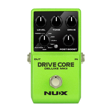 NU-X NCO-2 Drive Core Deluxe mkII overdrive pedal in green with Level, Tone, Drive and Model knobs, Post Boost indicator and footswitch, on white.