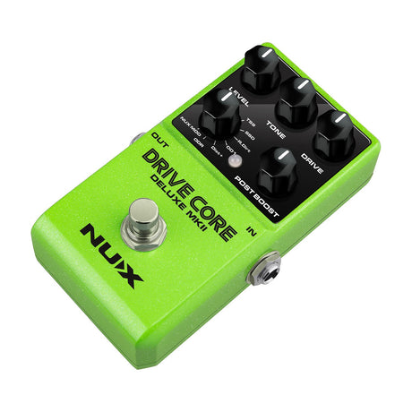 NU-X NCO-2 Drive Core Deluxe mkII overdrive guitar pedal in green sparkle finish with Level, Tone, Drive and Model knobs, shown at an angle.
