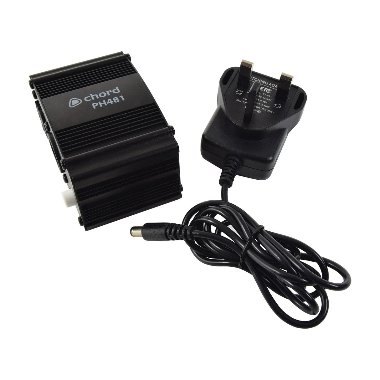 Chord PH481 single channel 48V phantom power unit in black finished casing with UK plug adaptor and DC cable, shown on a white background.